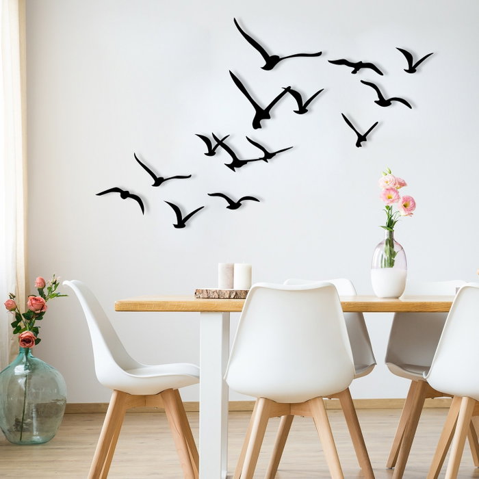Wallity Migration - Escultura de pared de metal con 11 pájaros negros